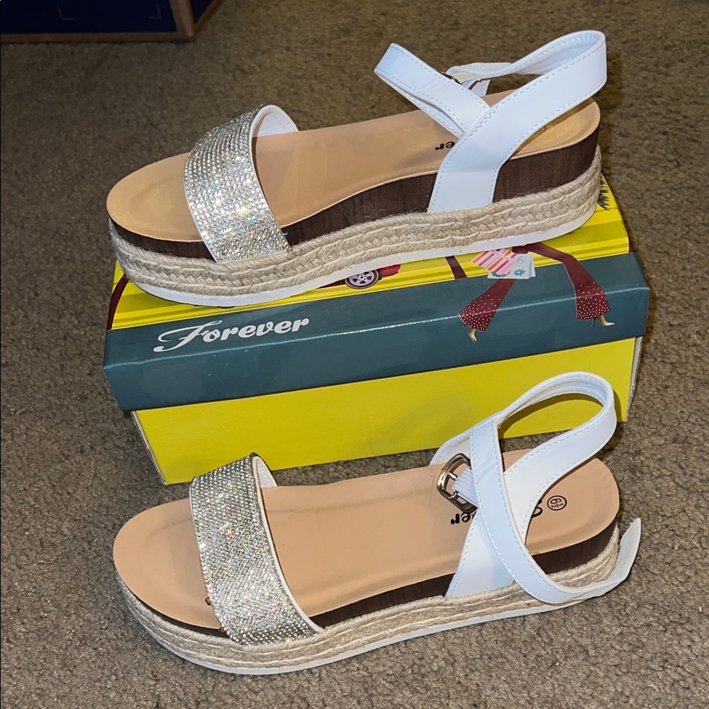 Forever 21 White Sandals with Glittering Silver Straps